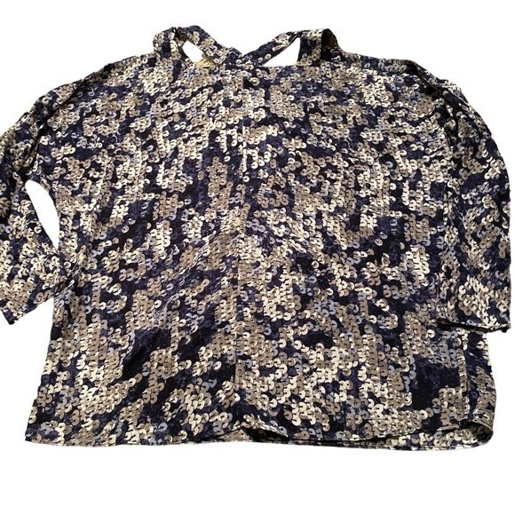 Juicy Couture sequin print long sleeve cutout top blue silver‎ size L - Picture 5 of 8